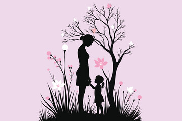 Silhouette illustration of mother and daughter holding hands in nature with flowers and tree