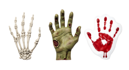 Three Halloween-themed hand images: a skeleton hand, a zombie hand, and a bloody handprint. Isolated on transparent background, png