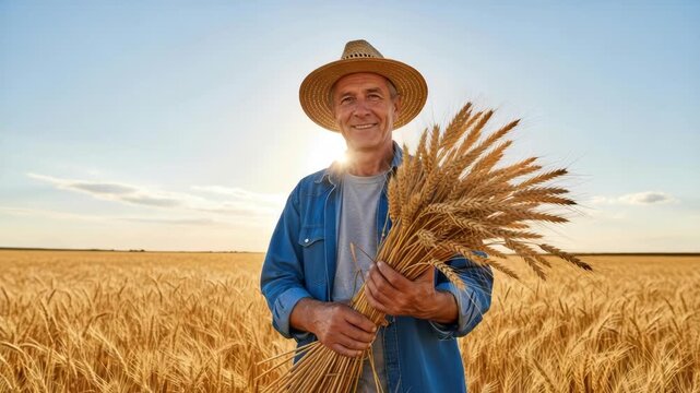 Smiling senior man in straw hat and denim shirt proudly holds large bundle of golden wheat stalks He stands in vast ripe field under bright sunny sky