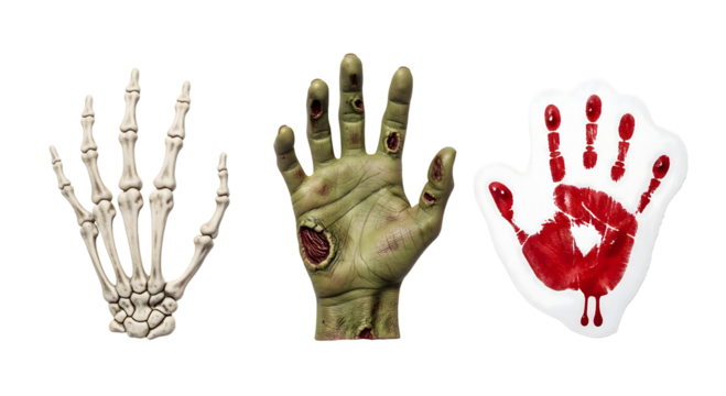 Three Halloween-themed hand images: a skeleton hand, a zombie hand, and a bloody handprint. Isolated on transparent background, png