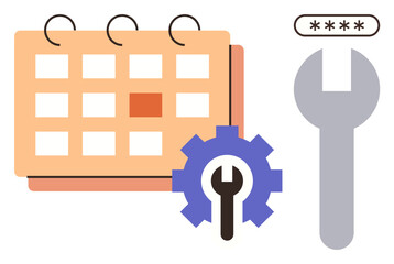 Calendar page with a highlighted date, wrench, gear, and password input hint at planning, configuration, security. Ideal for management, maintenance, organization security productivity IT simple