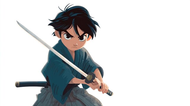 A determined young warrior, facing forward, holds a katana. He wears blue kimono, eyes focused. Background white