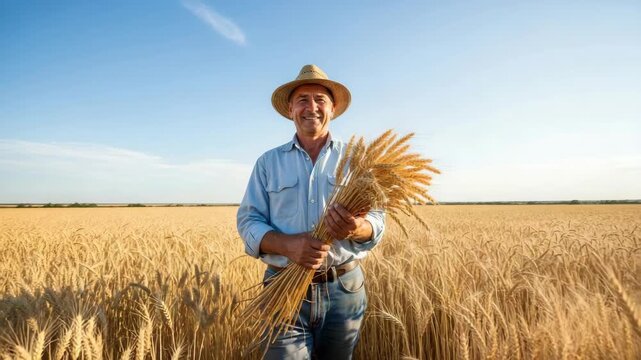smiling male farmer in straw hat blue shirt and jeans proudly holds large bundle of ripe golden wheat stalks in vast sunlit field under clear blue sky