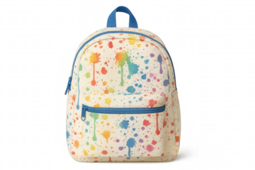 Kids backpack creating rainbow paint splatter, school supplies and art supplies concept, transparent background