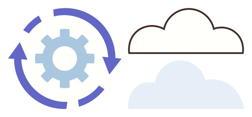 Gear surrounded by arrows representing processes beside outlined and filled clouds. Ideal for technology, data management, automation, cloud storage, innovation, networking, efficiency. A simple flat