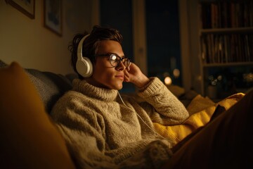 Obraz premium A young man enjoys music indoors