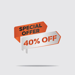 "3D rendered orange arrow special offer 40% off, floating minimalist design, clean white background, modern product promotion"