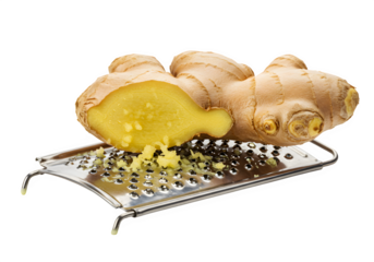 Ginger root being grated with visible strands and juice caught in a metal grater, isolated on white or transparent background. PNG