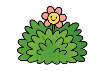 Cartoon flower with a smiling face peeking out from a green bush, representing joy and nature. Transparent background