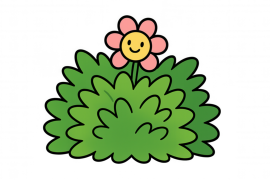Cartoon flower with a smiling face peeking out from a green bush, representing joy and nature. Transparent background