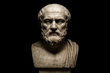 Fototapeta premium Ancient philosopher marble bust on dark backdrop with chiseled detail and patina