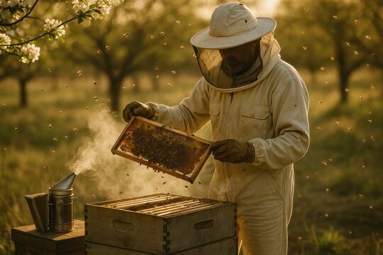 Beekeeper tending hive in blooming garden with smoker and buzzing bees in warm light