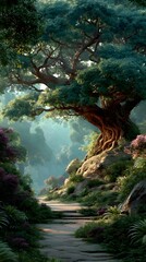 Fototapeta premium A sacred bodhi tree in a peaceful forest clearing, softly lit by golden sunlight. Lush, quiet, and spiritual—ideal for mindfulness, reflection, or natural serenity themes with copy space.