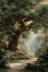 A sacred bodhi tree in a peaceful forest clearing, softly lit by golden sunlight. Lush, quiet, and spiritual&mdash;ideal for mindfulness, reflection, or natural serenity themes with copy space.