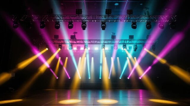 empty performance stage with multiple overhead trusses rigged with numerous spotlights Intense magenta teal and yellow beams crisscross through the dark reflecting vibrantly on the floor