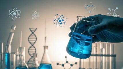 gloved hand holds conical flask containing swirling blue liquid in lab Background shows various glassware DNA helix atom models and molecular structure holograms signifying research - Powered by Adobe