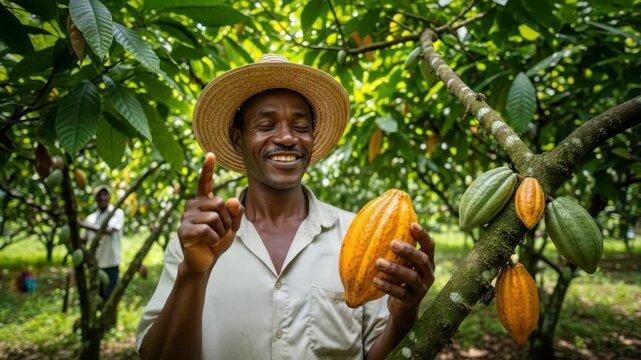 smiling African farmer in straw hat proudly displays ripe yellow cacao pod while pointing upwards amidst lush green cacao plantation with numerous green and orange pods on trees