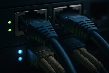 High speed fiber network switch glowing ports and tangled cables in dark server room
