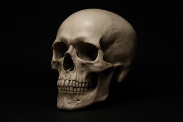 Fototapeta premium Anatomical human skull three quarter view on matte black background dramatic lighting