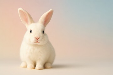 Fototapeta premium Adorable white bunny with fluffy ears smiling on pastel background with copy space