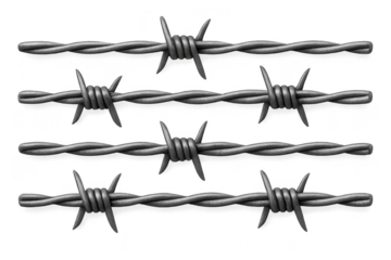 Realistic barbed wire coil and straight segments isolated on transparent background
