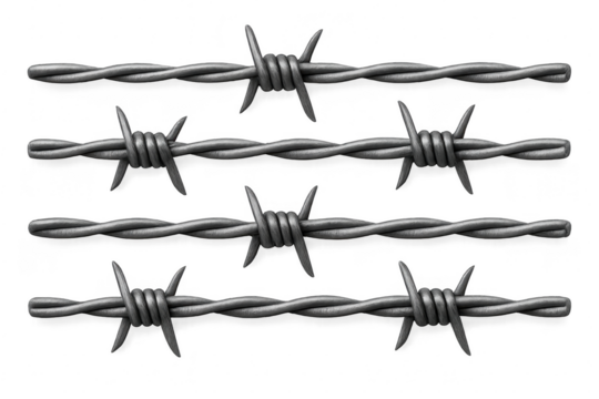 Realistic barbed wire coil and straight segments isolated on transparent background