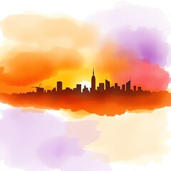 Fototapeta premium Abstract watercolor cityscape at sunset with vibrant orange and purple hues.