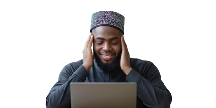 Young man working with laptop, isolated background
