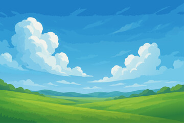 Fototapeta premium Green Field with Clouds in Blue Sky