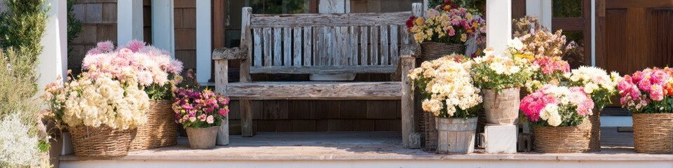 Fototapeta premium Flowers in baskets on a wooden bench with a rustic aesthetic outdoors