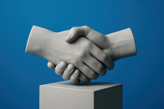Concrete handshake sculpture set against a bold blue background symbolizing unity cooperation and enduring partnership with contemporary artful simplicity