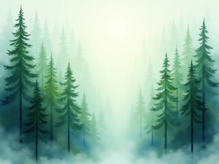 Fototapeta premium Misty evergreen forest scene with soft light filtering through the trees.