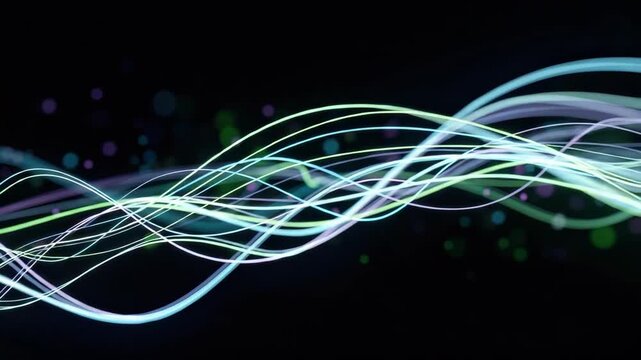 abstract background with numerous glowing intertwining wavy lines in blue green and purple hues against dark backdrop accented by soft bokeh lights