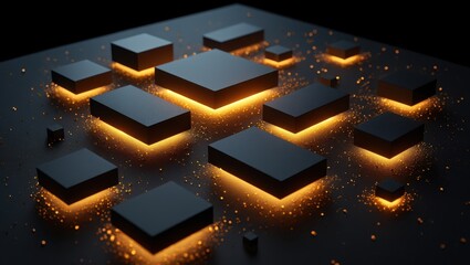 Abstract technology blocks creating an illuminated data grid, depicting futuristic network connections, digital information flow, and artificial intelligence concepts in a dark environment