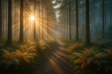 Fototapeta premium Sunrise rays filtering through misty pine forest with glowing dew serene morning
