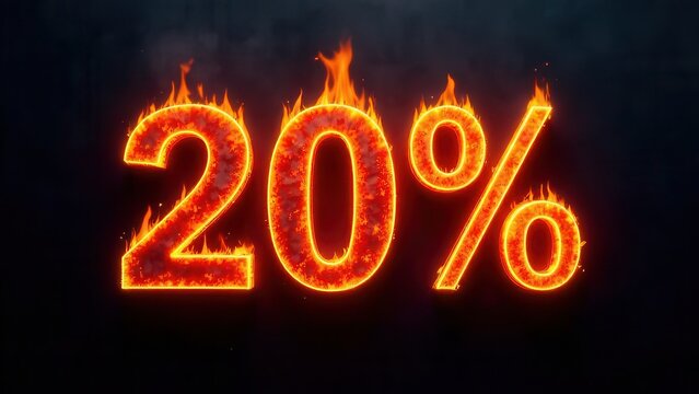 Twenty percent number sign showing a hot burning fire effect, concept representing a fiery sale, hot discount, special promotion, or limited time offer on dark background