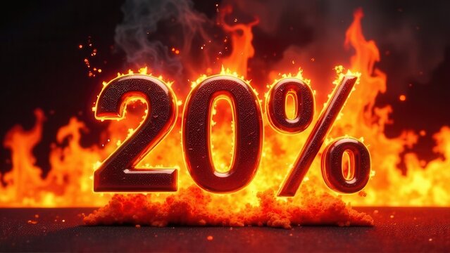 Twenty percent discount symbol burning intensely with bright orange flames, embers, and dark smoke on a textured surface, representing hot sales, limited time promotions, and urgent deals