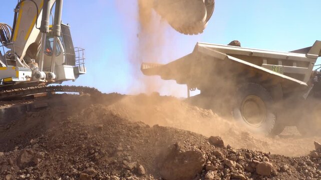 excavator loading a truck at the diamond mine close up bucket, dust, loading kimberlite