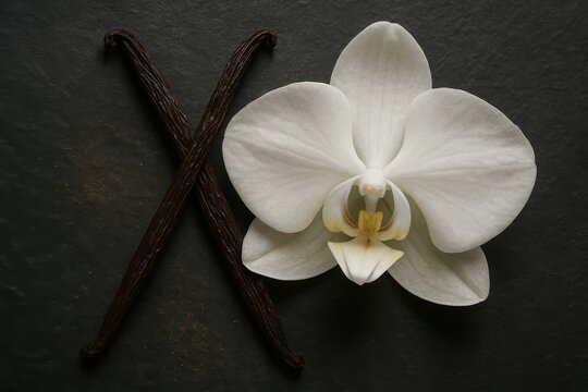 Dried vanilla pods with orchid petals on rustic slate macro botanical aromatics scene - Powered by Adobe