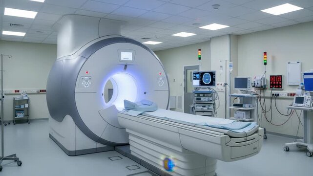 sterile medical imaging room features large advanced scanner with patient bed Multiple monitors display brain scans alongside various diagnostic and support equipment under bright lighting