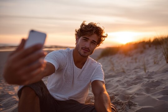 At sunset a good looking man lounges on the beach while snapping a selfie