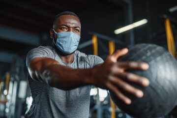 Athletic Black man in a mask exercising with a medicine ball at the gym