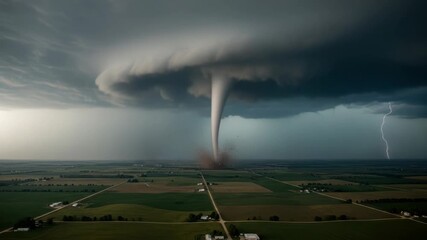 powerful tornado descends from dark supercell cloud stirring up dust over vast green and brown farmlands Intense lightning bolts illuminate the stormy sky showcasing natures raw power - Powered by Adobe