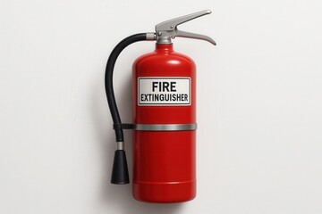 Red fire extinguisher mounted on clean wall safety concept with copy space industrial