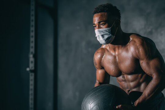 Athletic Black man in a mask exercising with a medicine ball at the gym