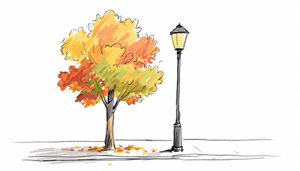 Autumn Tree with Colorful Leaves and a Classic Street Lamp Illustration on a White Background
