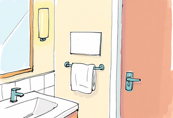 Bathroom Interior Sketch with Sink, Mirror, Towel, and Door Illustration in Light Colors