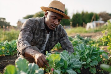 Attractive Black male farmer inspecting radish plants in a sunny field