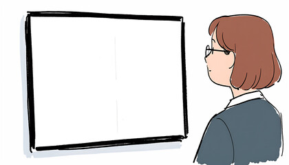Illustration of a woman with glasses looking at a blank whiteboard, ideal for presentations and educational content