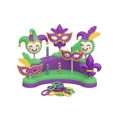 Fototapeta premium A vibrant collection of Mardi Gras celebration elements including decorative masks, jester hats, colorful feathers, and ornamental fleur-de-lis symbols, presented on a transparent background.